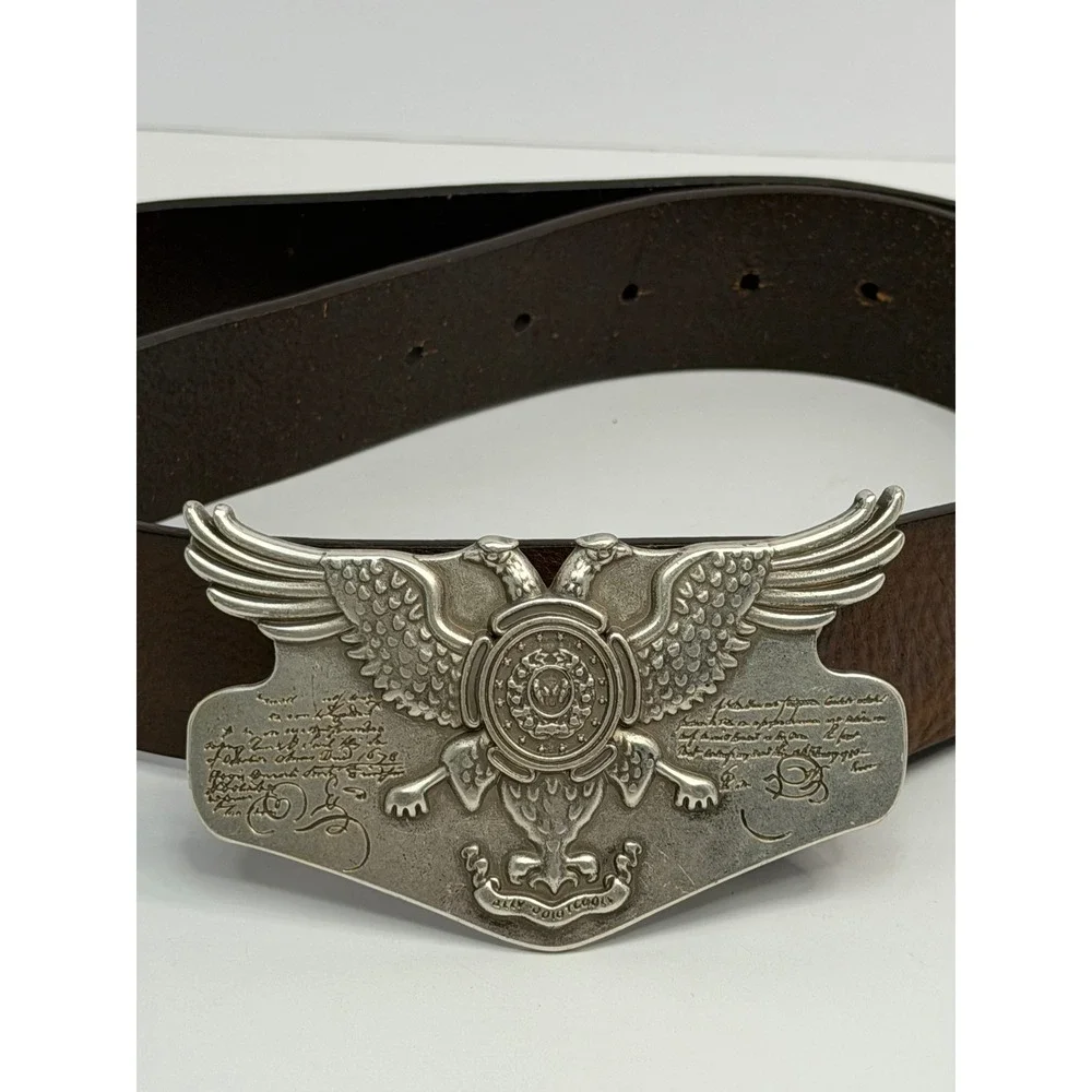 GUESS Dark Brown Genuine Leather Belt Silver Double Eagle Crest Buckle 40